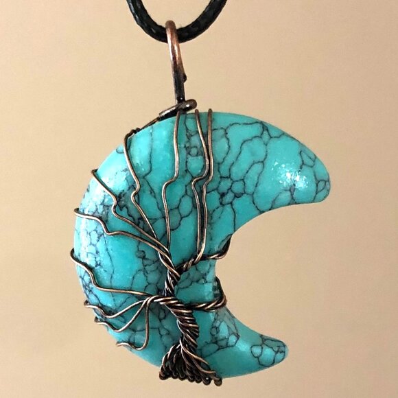 Crescent Moon Tree Of Life Copper Wire Wrap Blue Howlite Stone Pendant - Picture 2 of 3